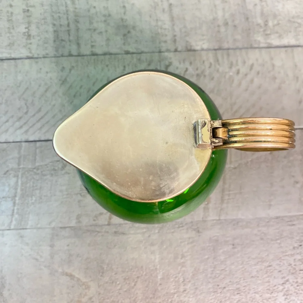 Vintage Emerald Glo Star Cut Green Glass Brass Pitcher Saucer National SilverCo